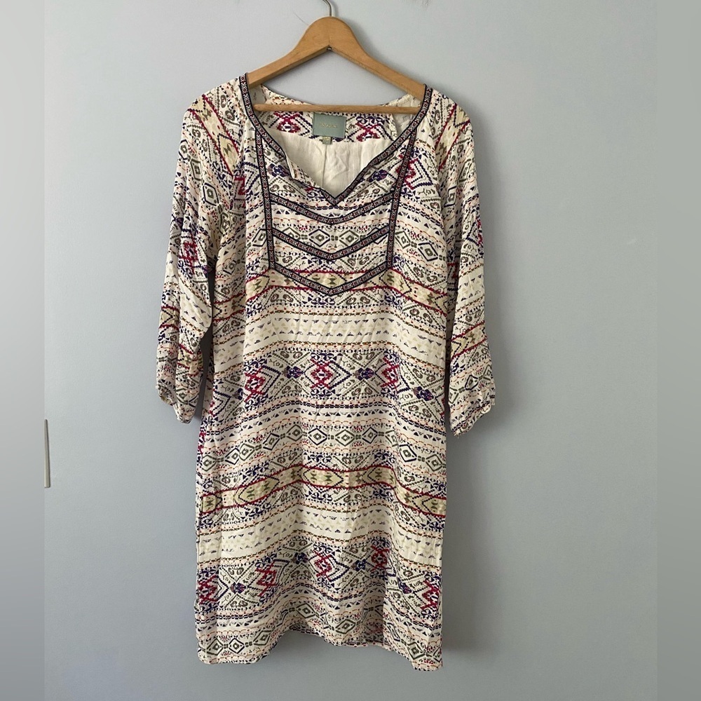 Skies are Blue Size Medium V-Neck Tunic Dress Aztec Print Embroidered Trim - Picture 2 of 10